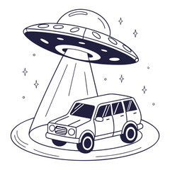 A classic flying saucer ufo beams down a light ray onto a stationary suv vehicle in a starry night sky illustration