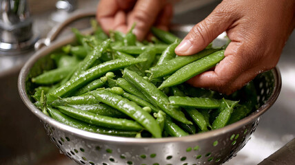Hands washing fresh green peas in a colander over a sink.