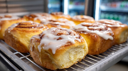 Glazed cinnamon rolls on a cooling rack in a bakery.