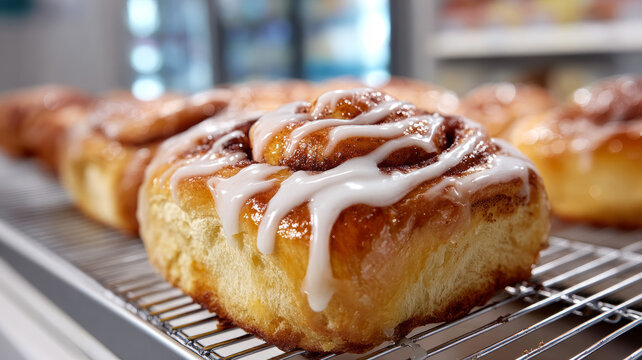 Fresh cinnamon rolls with icing on a cooling rack.