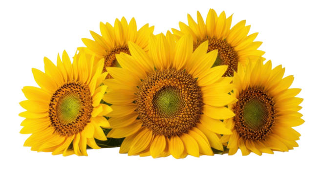 Cluster of vibrant, bright yellow sunflowers with intricate dark centers, radiant golden petals, isolated on transparent studio background with copy space, natural vitality and optimism concept.