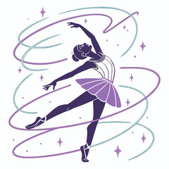 Elegant silhouette of a ballet dancer in a graceful pose with swirling ribbons and sparkling stars ©  AMINA 1122