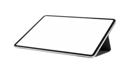 A pristine, sleek, contemporary tablet with a minimalist black frame, thin bezels, and blank white screen in landscape, isolated on white, a clean canvas for digital ideas