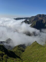 Madeira Peaks (Macico Central) over clouds from Pico Ruivo on sunset. Madeira island, Portugal

