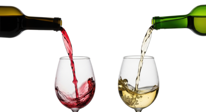 Elegant red wine streams from a dark bottle into a crystal glass with a splash, white wine pours from a green bottle into a clear glass, transparent isolated background. Concept of luxury and - Powered by Adobe