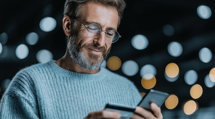 Mature gentleman completes secure mobile payment transaction during evening hours.