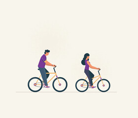 Flat style people riding a bicycle. Vector illustration