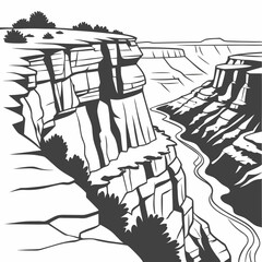 Naklejka premium Dramatic black and white illustration of a vast canyon with a winding river carved through layered rock formations under a clear sky
