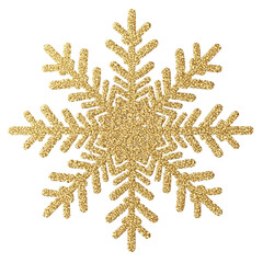Glittering Gold Snowflake Decoration on White Background sparkling shiny