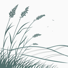 Stylized minimalist illustration of tall grass reeds swaying gently in the wind under a clear sky with distant birds