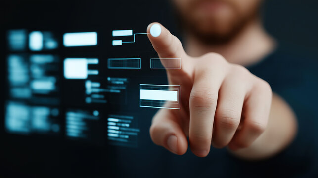 Professional interacts with transparent holographic interface using precise finger gestures.