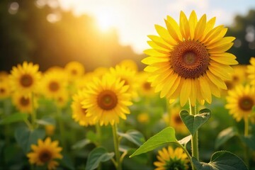 Obraz premium Vibrant sunflowers basking in the golden sunlight, a picturesque summer scene of nature's beauty Perfect for illustrating warmth, happiness, and the joy of summer , landscape, serenity