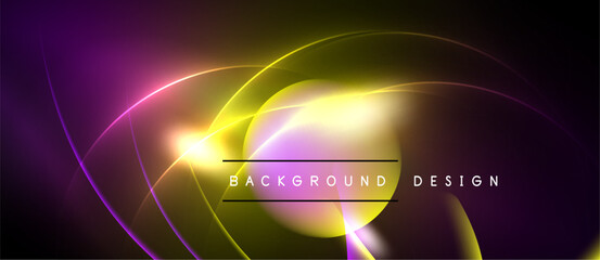 Abstract neon curves create vibrant background. Yellow glow dominates center, purple fades edges. Modern design element.