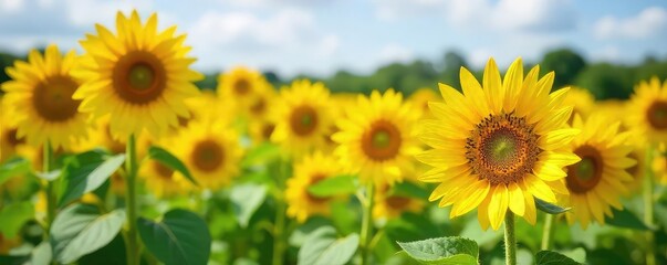 Obraz premium Vibrant, tall sunflowers in full bloom, swaying gently in a sunny field A stunning display of nature's beauty, perfect for summer themes , sunflower, leaves, summertime