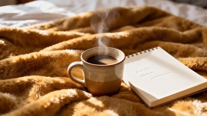 cozy blanket, cup of coffee, open notebook on bed, warm cozy morning scene, perfect for world introvert day