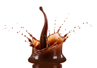 Isolated dark brown liquid splash, frozen mid-air energetic burst, intricate droplets on a transparent background with copy space. Concept for beverage advertising
