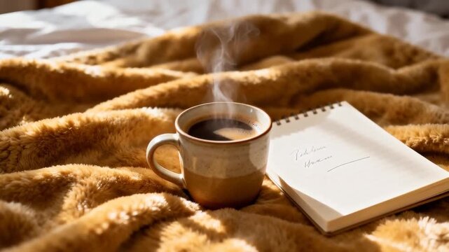 cozy blanket, cup of coffee, open notebook on bed, warm cozy morning scene, perfect for world introvert day