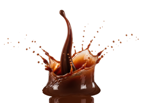Isolated dark brown liquid splash, frozen mid-air energetic burst, intricate droplets on a transparent background with copy space. Concept for beverage advertising