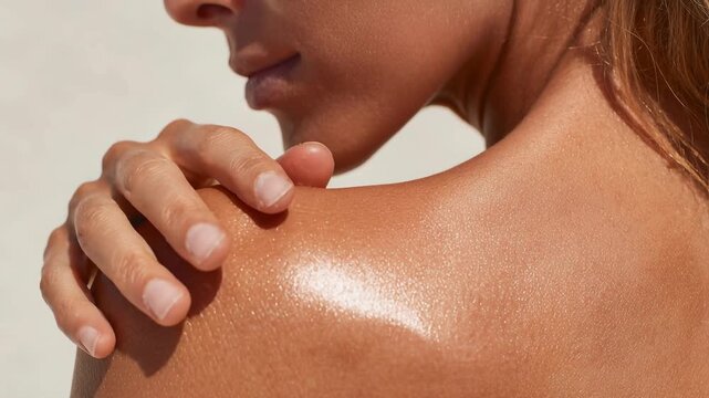 Sun kissed shoulder with glowing healthy skin woman applying body care product relaxing summer mood ideal for skincare brands sun protection campaigns wellness retreats and beauty