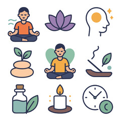 Mindful meditation and wellness icons: candle, lotus, incense, meditation, mindfulness.