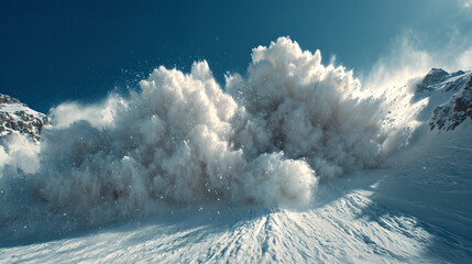 A massive avalanche erupts down a steep mountain slope, blasting clouds of powdery snow into the air. Cinematic wide shot with crisp detail, dramatic lighting, and dynamic winter motion.