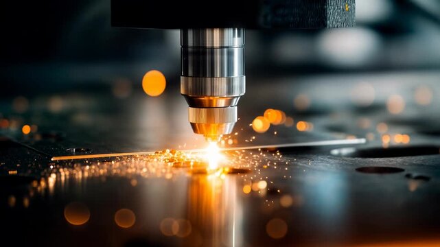 Industrial laser cutting metal surface dramatic factory sparks strong engineering concept ideal for automation technology advertising manufacturing safety presentations and precision