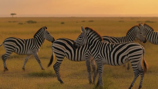Majestic herd of wild zebras roaming the African savanna grasslands during a beautiful golden sunset