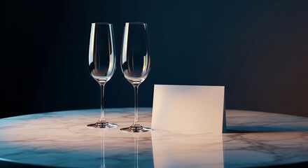 An intimate toast for two with elegant champagne flutes and a blank invitation on a luxurious marble table