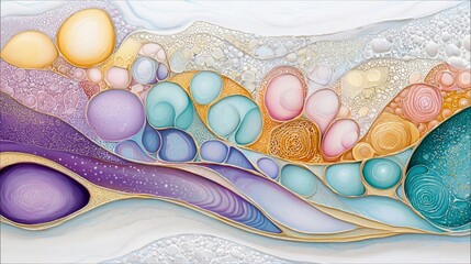 An abstract artwork featuring a vibrant composition of organic shapes, textures, and a diverse color palette, creating a visually engaging and artistic piece.