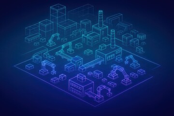 Fototapeta premium Futuristic industrial landscape illustrating automation with robotic arms, factories, and urban grid showcasing efficiency and modernity in manufacturing systems