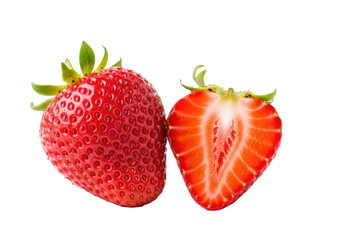 Perfectly ripe, deep red whole and halved strawberries with water droplets and green stems on a white surface with blurred green leaves, Concept of natural freshness and healthy eating