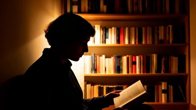 Silhouette reading in cozy corner with bookshelf behind, soft warm lighting, perfect for world introvert day