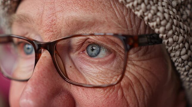 Closeup of elderly eyes behind glasses in soft light showing emotion wisdom and fragility ideal for healthcare campaigns retirement homes charity films and stories about aging with dignity