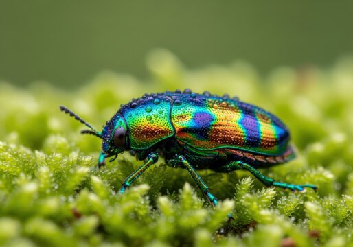 Macro Shot of Tropical Jewel Beetle on Moss