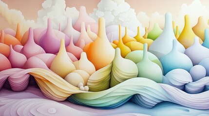 An abstract illustration featuring a landscape of colorful organic shapes, with soft lighting and a dreamy, whimsical aesthetic.