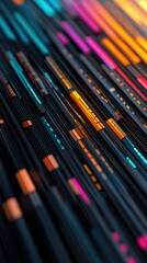 Abstract image of colorful lines with a dark background. The lines have a glossy texture and varying colors.