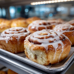 Fototapeta premium Freshly baked cinnamon rolls with icing on a tray.