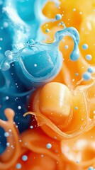 Close-up of vibrant blue and orange liquid splashes and drops, creating an abstract and artistic composition. Macro photography captures the details.