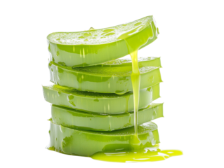 Fresh aloe vera slices dripping with natural gel against a dark background