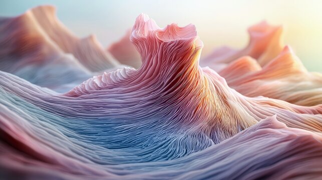 An abstract landscape featuring textured, colorful forms resembling mountains or waves, bathed in soft, diffused light.
