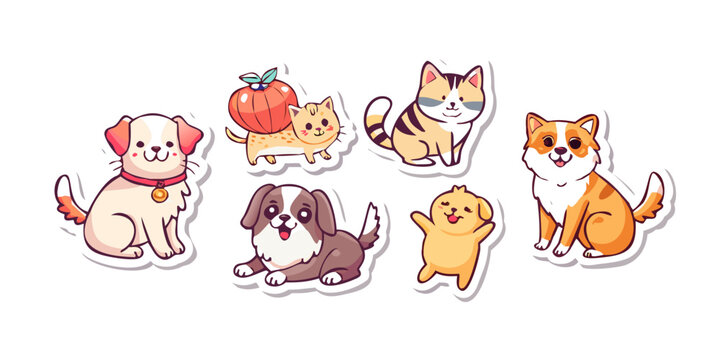 Set of cute pet sticker vector. Lovely cat and dog doodle in different poses and breeds. Adorable funny pet and many characters hand drawn collection for T-shirt, sticker, print, pet ... See More
