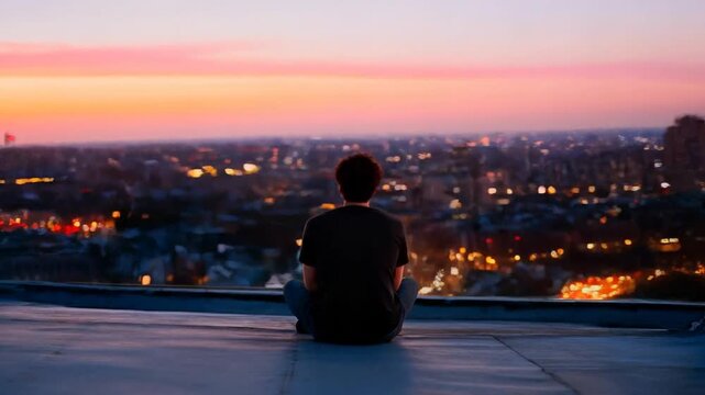 person sitting on rooftop alone, gazing at city skyline at dusk, soft warm glow, perfect for world introvert day