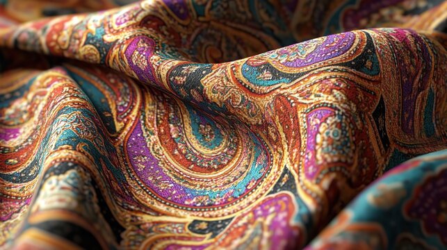 Closeup of richly colored paisley fabric with intricate swirling patterns and deep folds, showcasing luxurious textile texture - Powered by Adobe