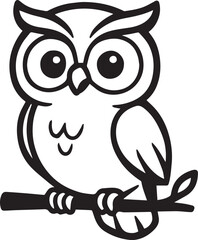 A wise and cute cartoon owl perches gracefully on a slender branch, its large, expressive eyes and detailed line work capture attention. 