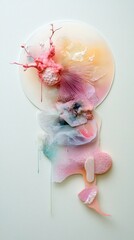 An abstract colorful sculpture with a circular background, featuring pink, blue, and yellow hues, against a white backdrop.