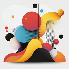 An abstract composition featuring colorful shapes, gradients, and a minimalist design on a white background.