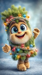 Cute Furry Creature Dressed as a Christmas Tree with Ornaments and Lights. Adorable 3D illustration of a fluffy cartoon character wrapped in pine branches, colorful Christmas ornaments.