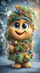 Cute Furry Creature Dressed as a Christmas Tree with Ornaments and Lights. Adorable 3D illustration of a fluffy cartoon character wrapped in pine branches, colorful Christmas ornaments.