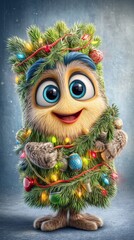 Cute Furry Creature Dressed as a Christmas Tree with Ornaments and Lights. Adorable 3D illustration of a fluffy cartoon character wrapped in pine branches, colorful Christmas ornaments.