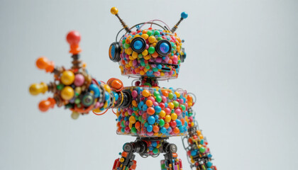 Colorful robot made of various candies and sweets extends its arm, showcasing playful and imaginative design. robot body is covered vibrant, multicolored candies, creating whimsical and creative